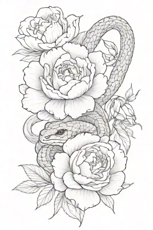 Two Snakes Wraped And Peonies Flower Tattoo Design Inspired