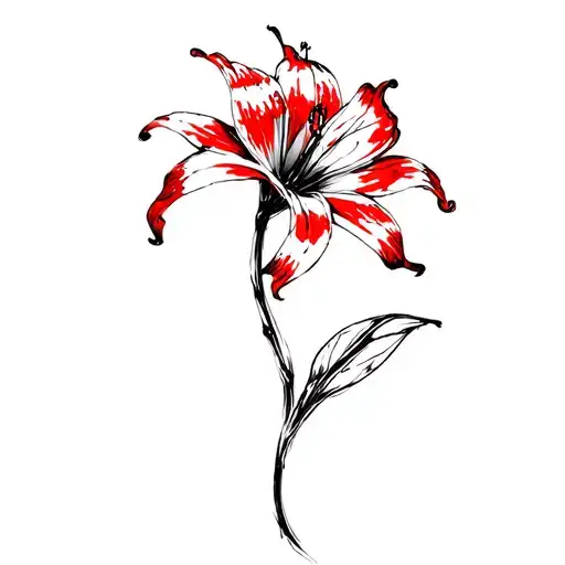 Red And Black Butterfly Spider Lily Tattoo That Has The Stem Going Down The Lower Back