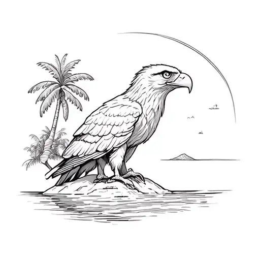 Eagle And Banana Tree On A Island Outline