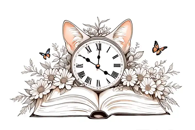 Cat Clock Mountain Flowers A Book And Butterflies