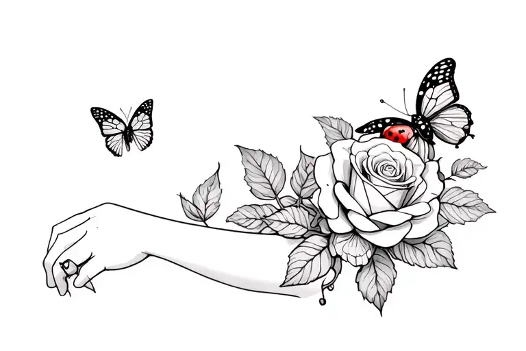 Roses With 2 Butterflies And A Ladybug Sitting On Petals Wraps Around Arm Like A Band