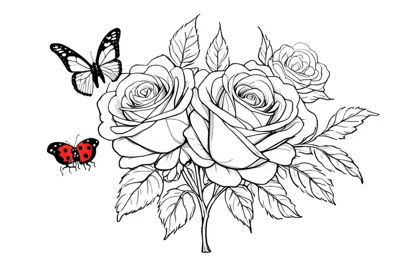 Roses With 2 Butterflies And A Ladybug Sitting On Petals