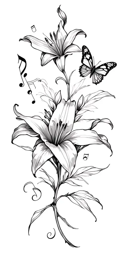 Fragile Lily Blossom With Butterflies And Music Notes