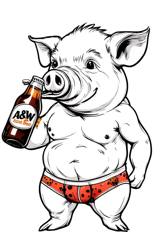 Little Pig Drinkinf A&w Plastic Root Beer Bottle Wearing Boxers Designed With Ladybugs On The Boxers