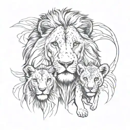 Lion And Cub Staring With Lioness Symbolizing Strength