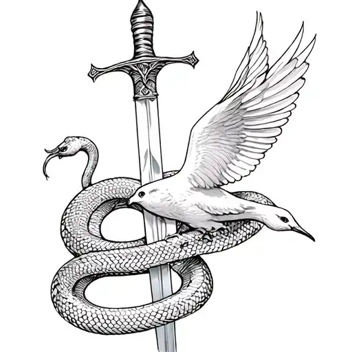 Snake Wrapped Around Sword With Dove At Hilt Of A Sword