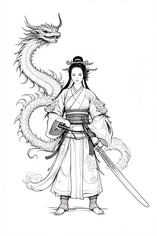 Samurai Geisha Warrior Holding A Katana With A Dragon