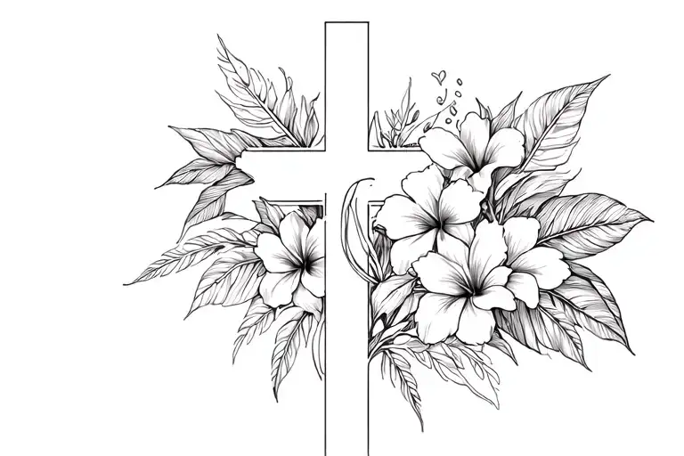 Cross And Tropical Flowers Intertwined