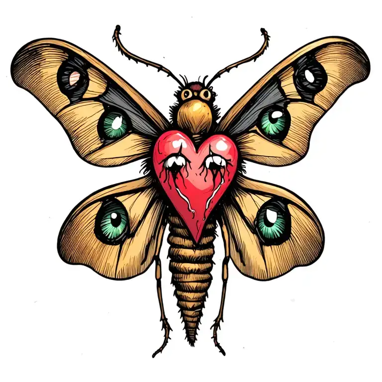 Moth With A Sewn-up Heart On Its Back And Crying Eyes On Its Wings