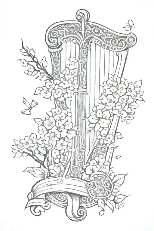 Sword Over Harp With Cherry Blossoms Falling