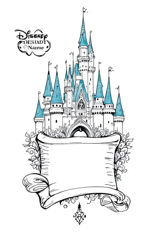 Disney Castle Line Tattoo Design With A Space For Names On A Scroll Feminine