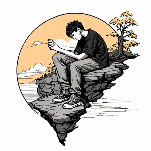 Melancholic Boy Sitting On A Cliff And Sky Sunnshine