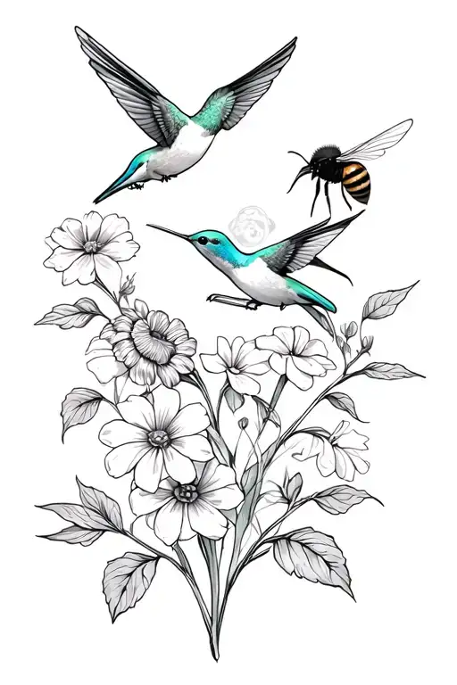 Humming Birds With Flowers And A Bee
