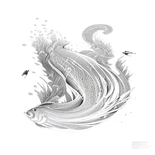 An Abstract Representation Of Flowing Water With Fish And Plants