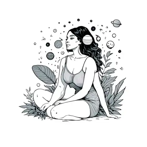 Black Woman Sitting With Space Objects Coming Out Of Head And Surrounded By Plants