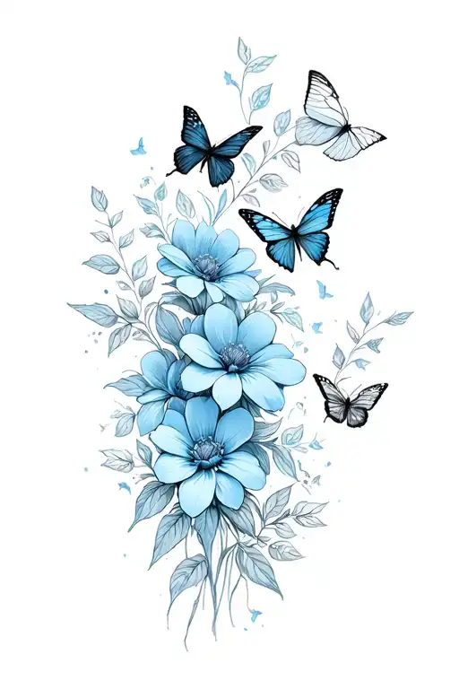 Pastel Blue Flowers Intertwined With Black And White Butterflies Flying Around Them