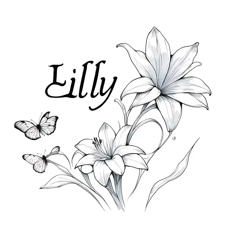 The Name Lilly With A Small Lily Entwined Lily Flower And Two Butterflies