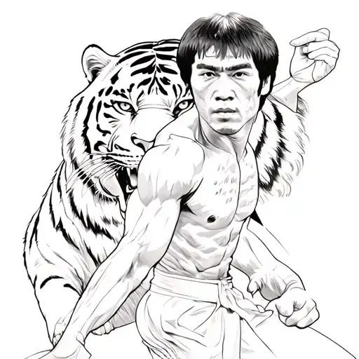 Bruce Lee's Doing His Iconic Poses With A Roaring Tiger Behind Him