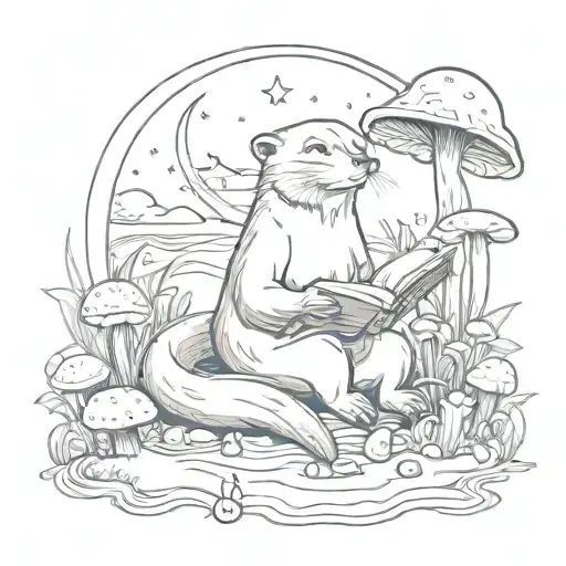 A Tattoo Of An Otter Reading A Book Under The Moonlight Surrounded By Mushrooms