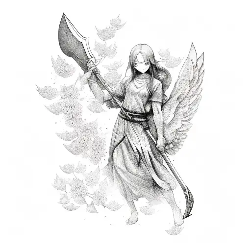 An Angelic Figure Holding A Dark Axe Surrounded By Cherry Blossom Petals