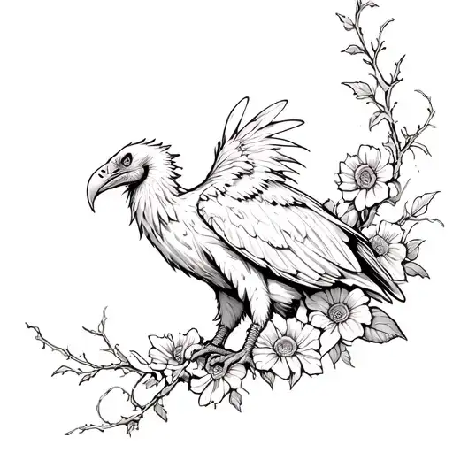 Vulture And Vines Crawling Up Thigh Tattoo With Flowers