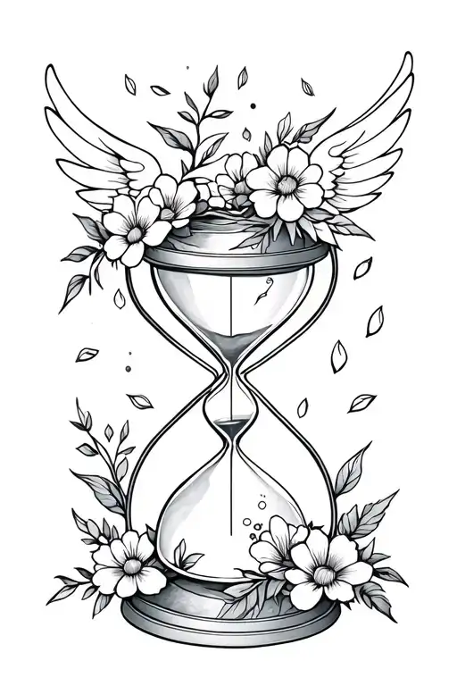 Hourglass With Wings And Flowers And Petals Around As A Background