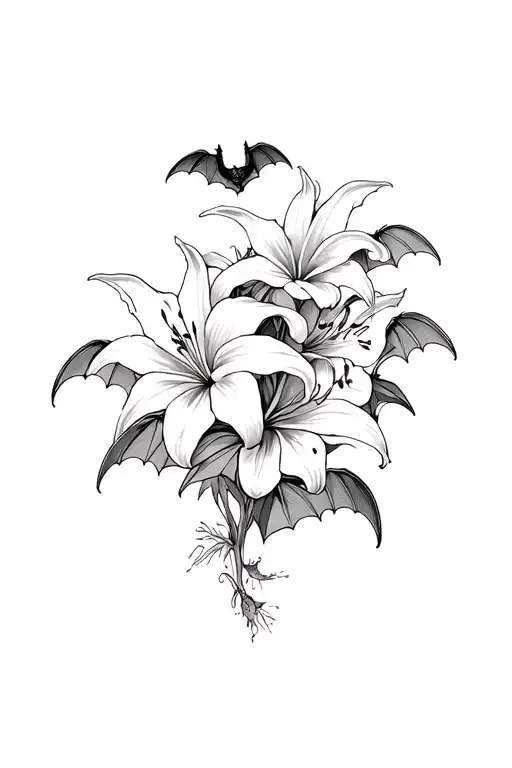Lilly Flowers And 3 Bats Around It