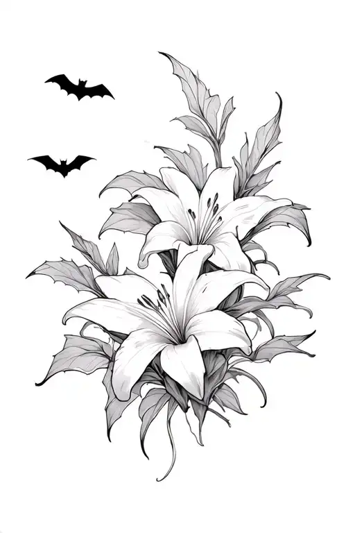 Lilly Flowers And 3 Bats Flying Around It