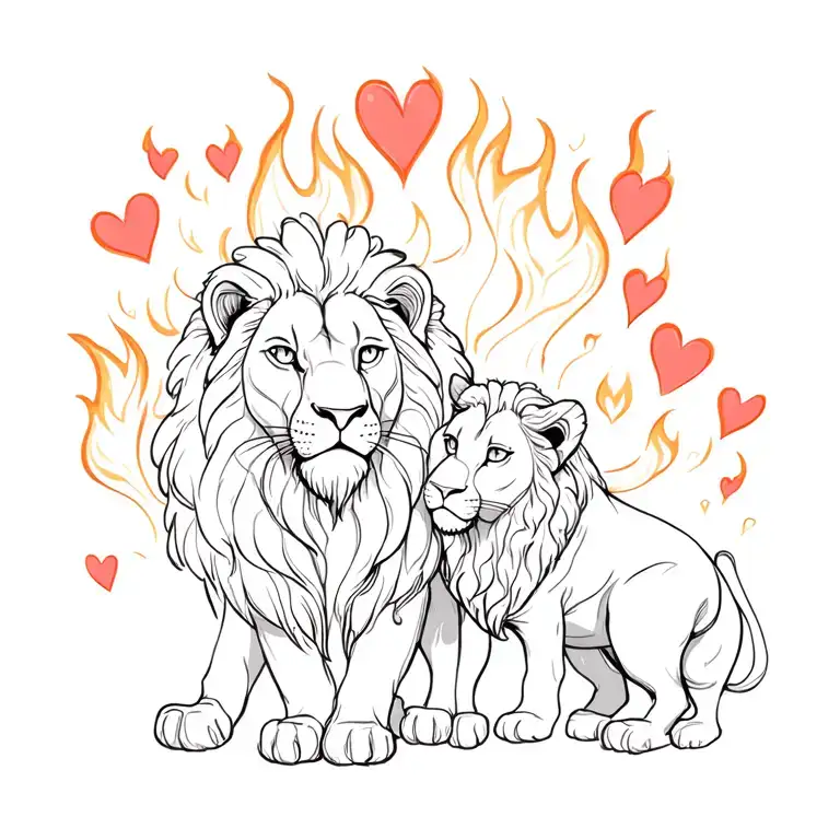 Lion And Lioness Surrounded By Fire Hearts