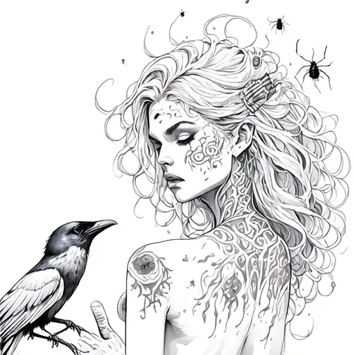 Madusa With Bugs Coming Out Of Her Skin And A Crow