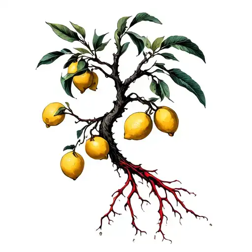 Black Lemon Tree With Small Lemons And Red Roots