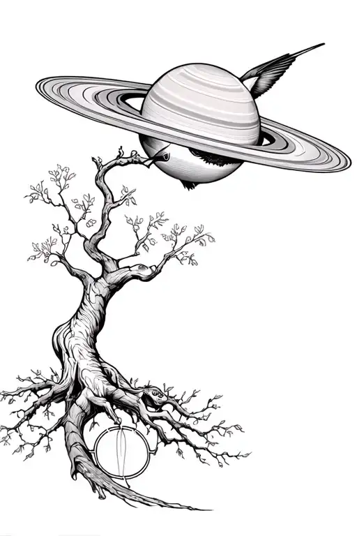 Big Background Saturn And A Tree Of Life With A Hummingbird