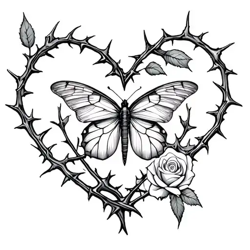 A Rose Vine Wiith Thorns Intertwined Into A Heart With A Buterfly In The Middle Of The Heart
