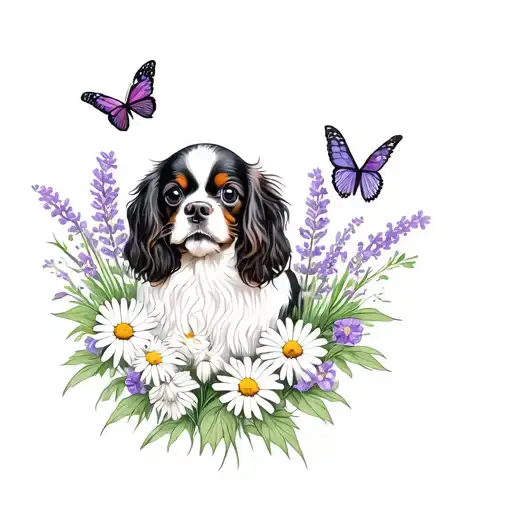 Cavalier King Charles Spaniel In Lavender And Daisies With Butterflies