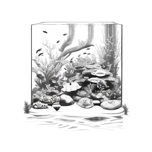 A Detailed Sketch Of An Aquarium Tank With Fish And Aquatic Plants