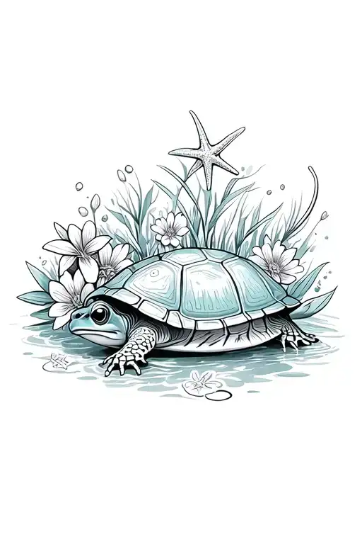 Frog And Flowers Surrounding Turtle And Starfish