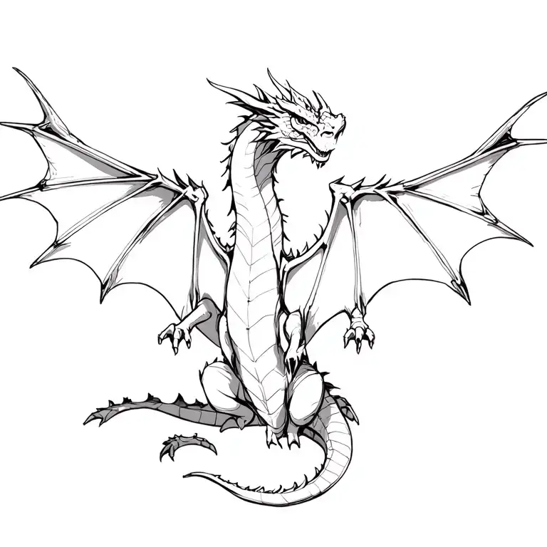 Dragon In Flights With Four Legs And Long Wings Spread Wide