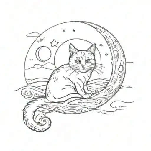 Cat Sitting On The Moon Above The Water Waves