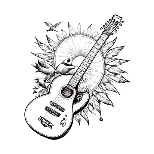 Guitar With Feathers And Birds And A Sun