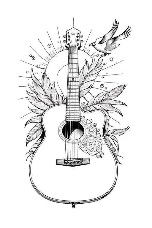 Guitar With Feathers And Birds And A Sun