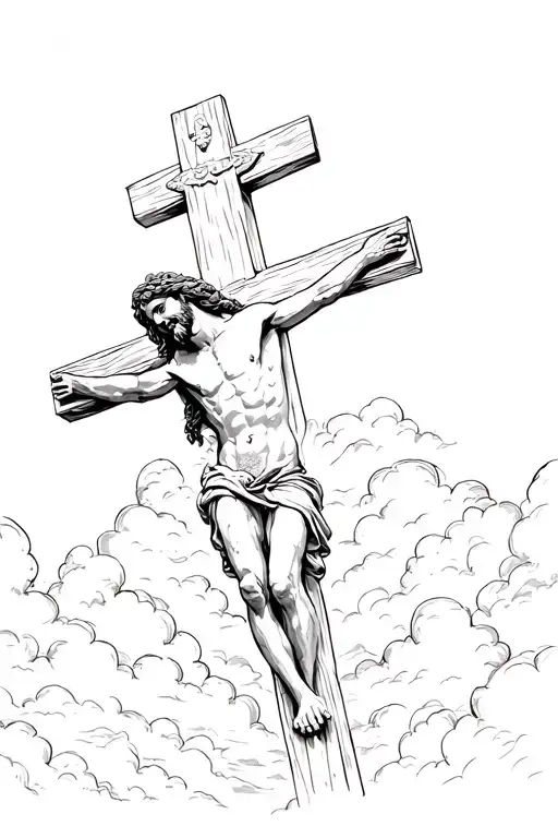 Jesus On The Cross Looking Up With A Dark Sky Behind