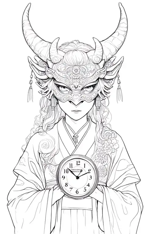 Japanese Girl With Oni Mask And Clock