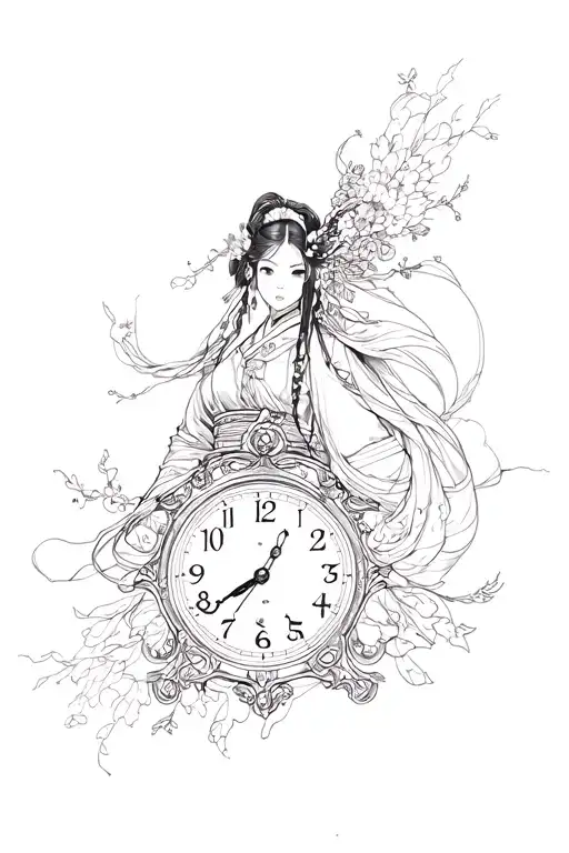 Japanese Samurai Girl And Clock