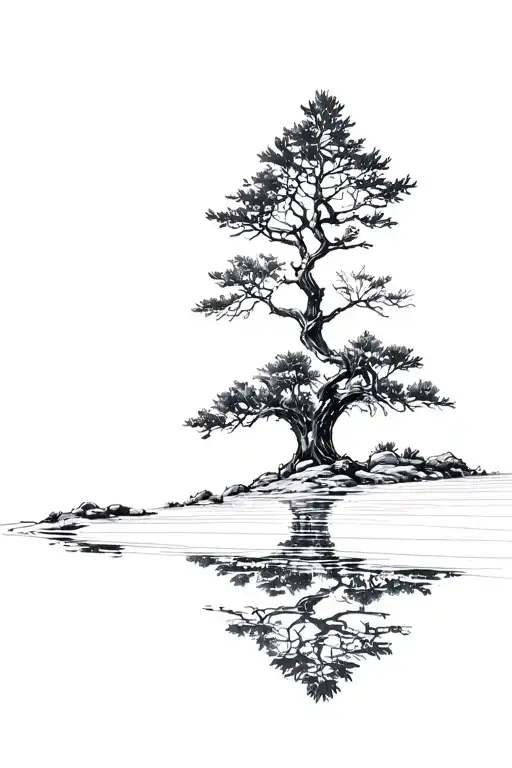Cyprus Tree With Reflection Of Itself