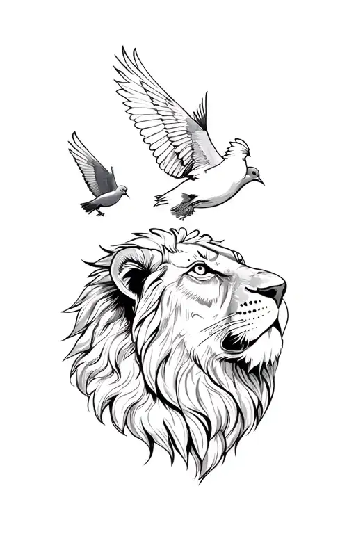 Lion Head And Small Flying Pigeon Over The Lion