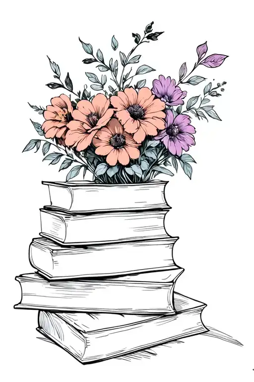 A Stack Of Books And Flowers Wrapped