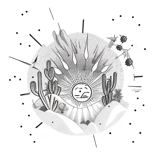 Cactus In A Desert With Mountains And In The Sky The Sun And A Shooting Star