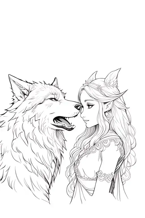 Brave Elf Girl With Wolf Howling Together Face And Wolf Loves The Girl