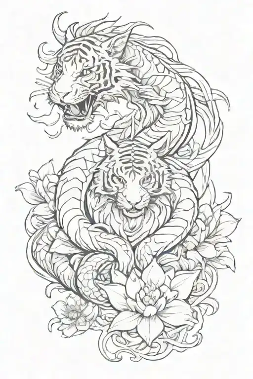 A Dragon And A White Tiger With Lotus Flowers Intertwined