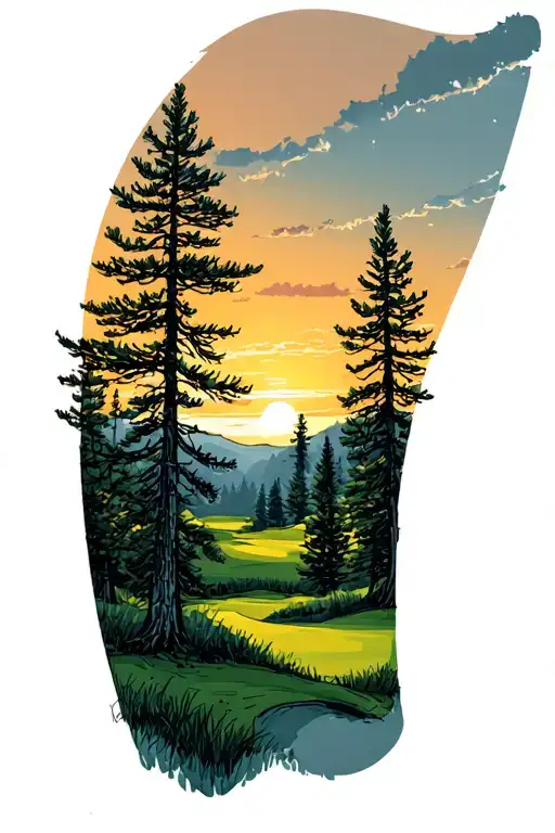 Pine Forest Scene At Sunset On A Golf Course Landscape